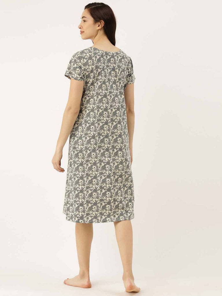 Women Light Grey Cotton Print Night Dress-Night Dress-Bannoswagger