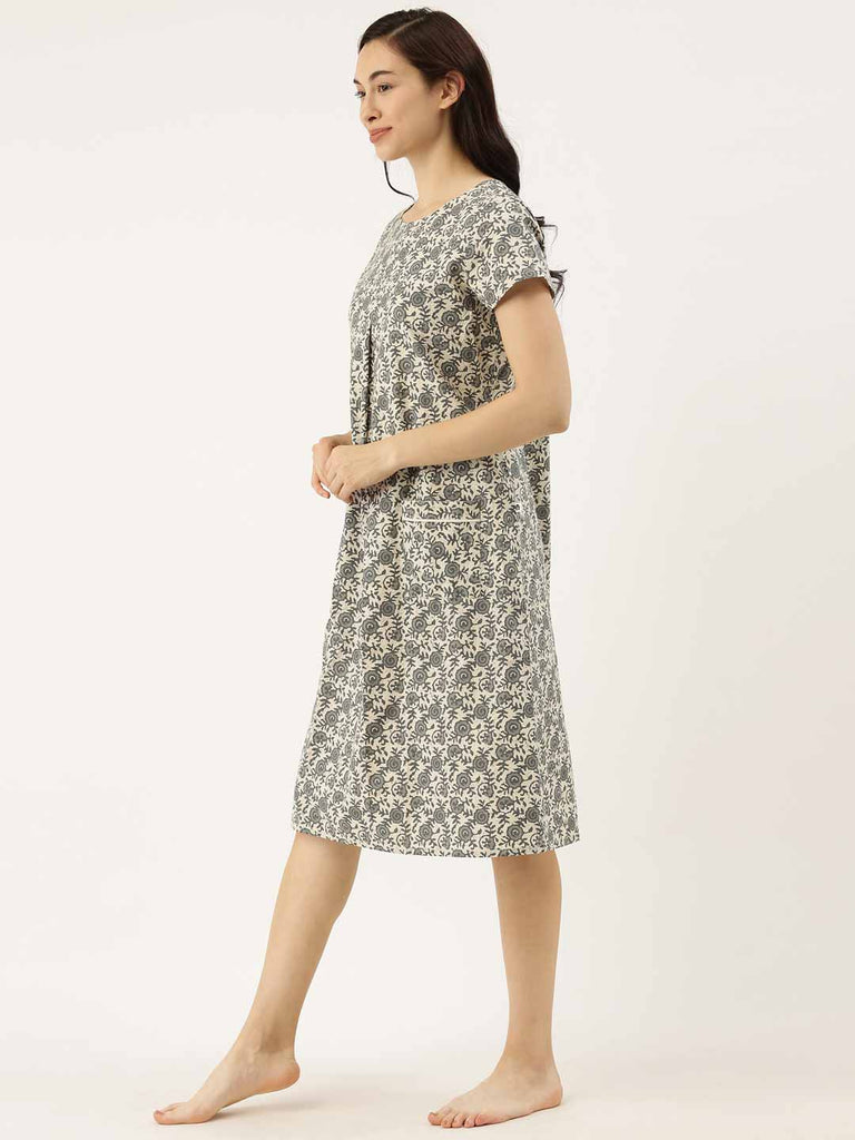 Women Light Grey Cotton Print Night Dress-Night Dress-Bannoswagger