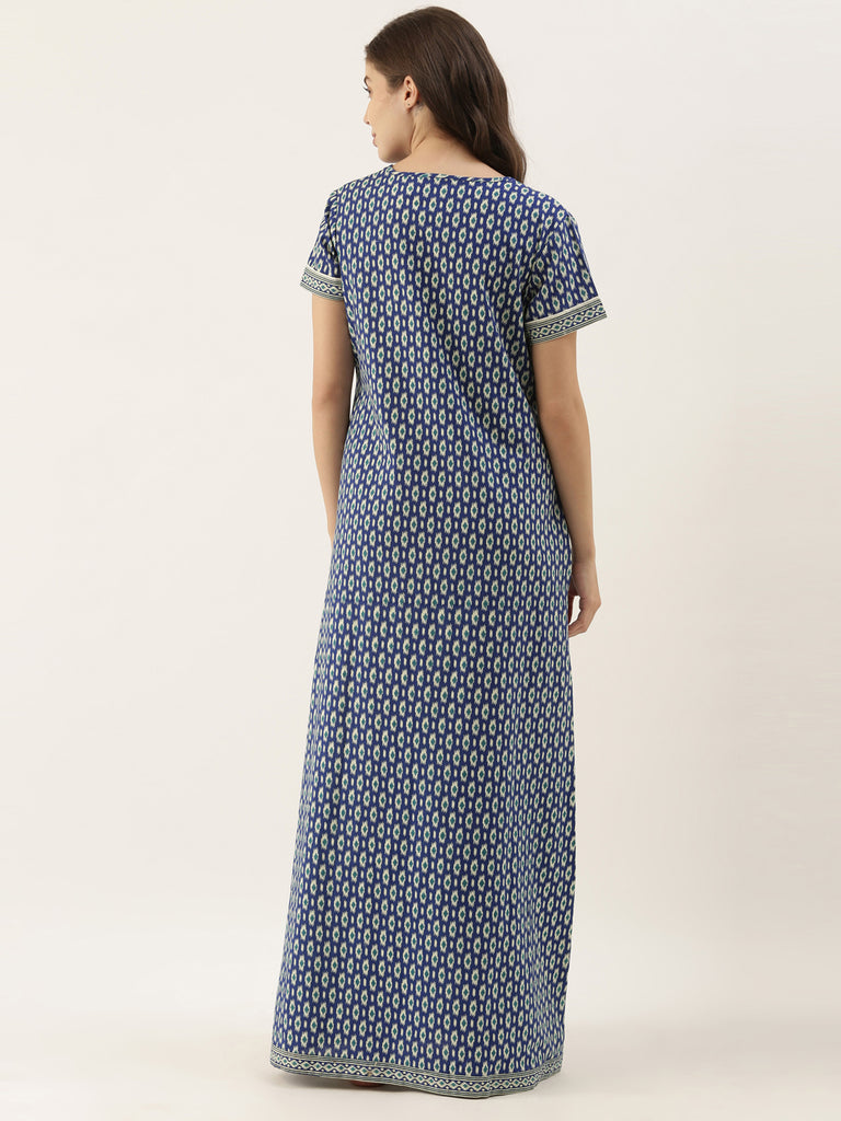 Cotton indigo printed nightdress-Night Dress-Bannoswagger