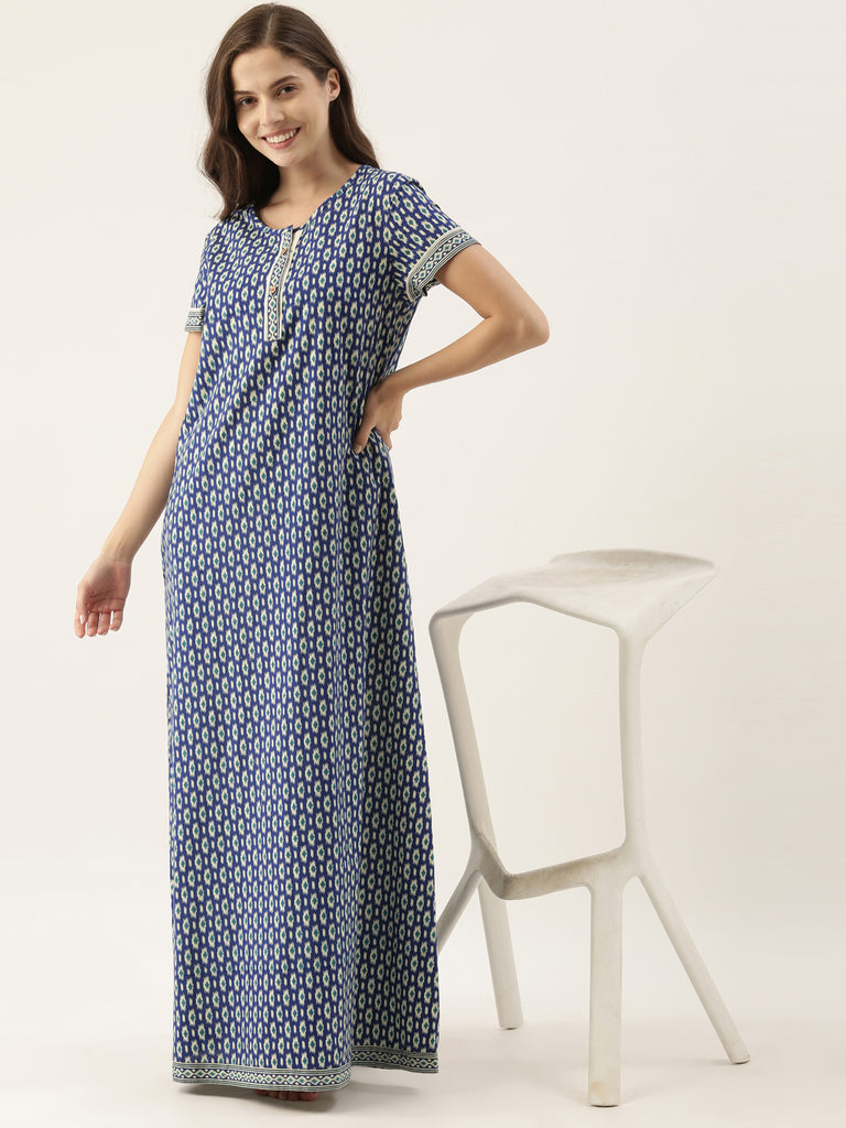 Cotton indigo printed nightdress-Night Dress-Bannoswagger