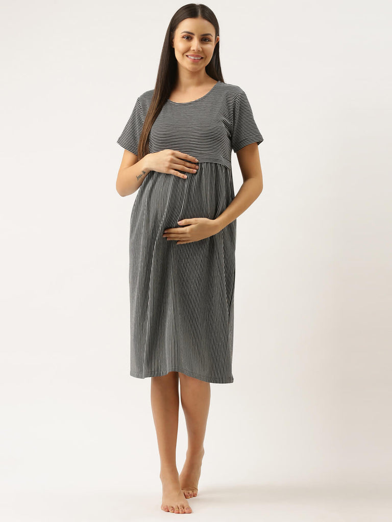 Striped Ash Grey Maternity Maxi Dress-MAXI DRESS-Bannoswagger