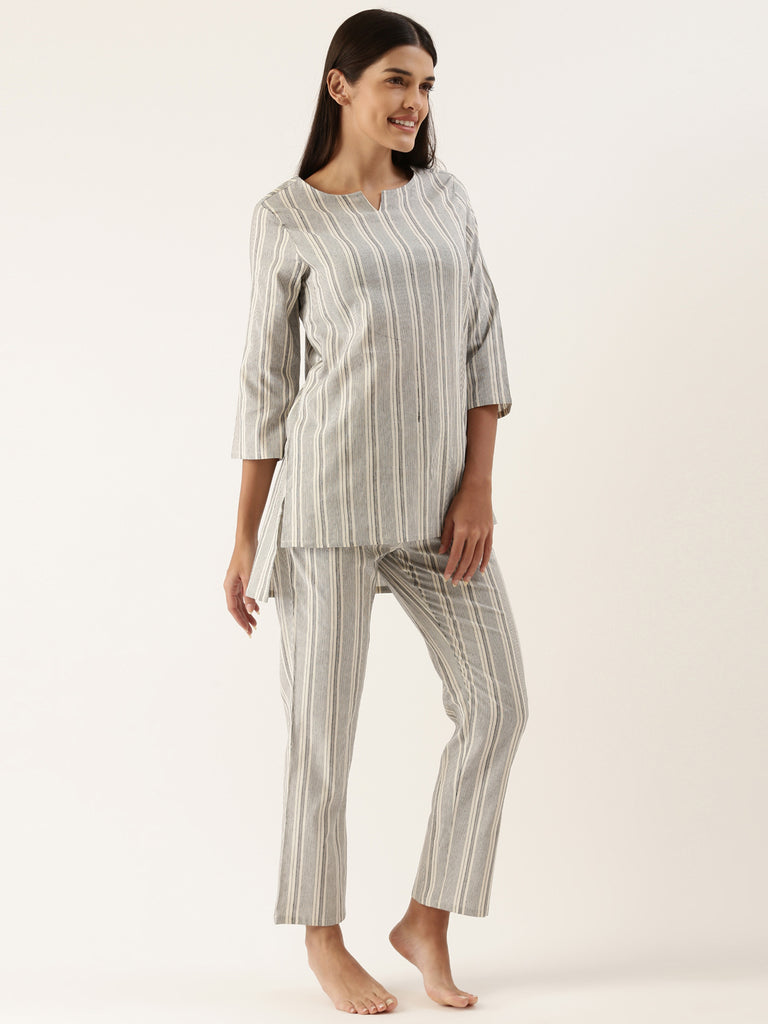 White Stripe Cotton Print Night Suit-Super Sale 799-Bannoswagger