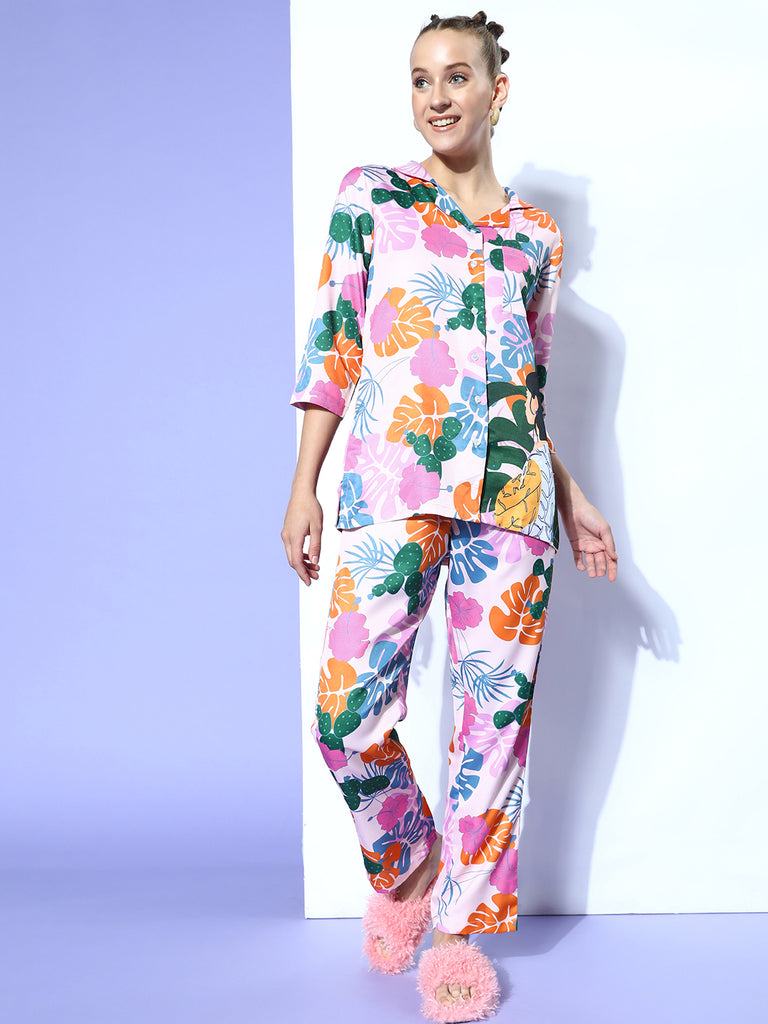 Women Light Pink Printed Night Suit-Back Print PJs-Bannoswagger